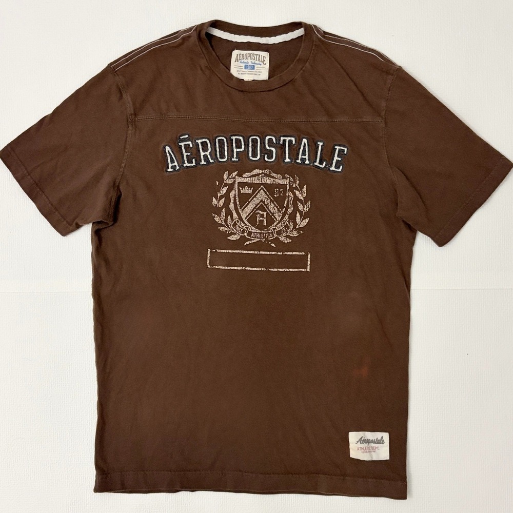 y2k Aeropostale Vintage Graphic T-Shirt Collegiate Crest Brown Large